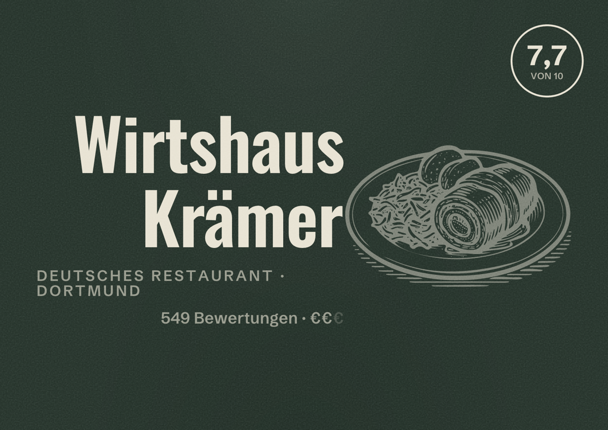 Illustriertes Poster von Wirtshaus Krämer, Deutsches Restaurant in Dortmund: Bewertung 7,7 von 10 aus 549 Bewertungen, Preisniveau €€