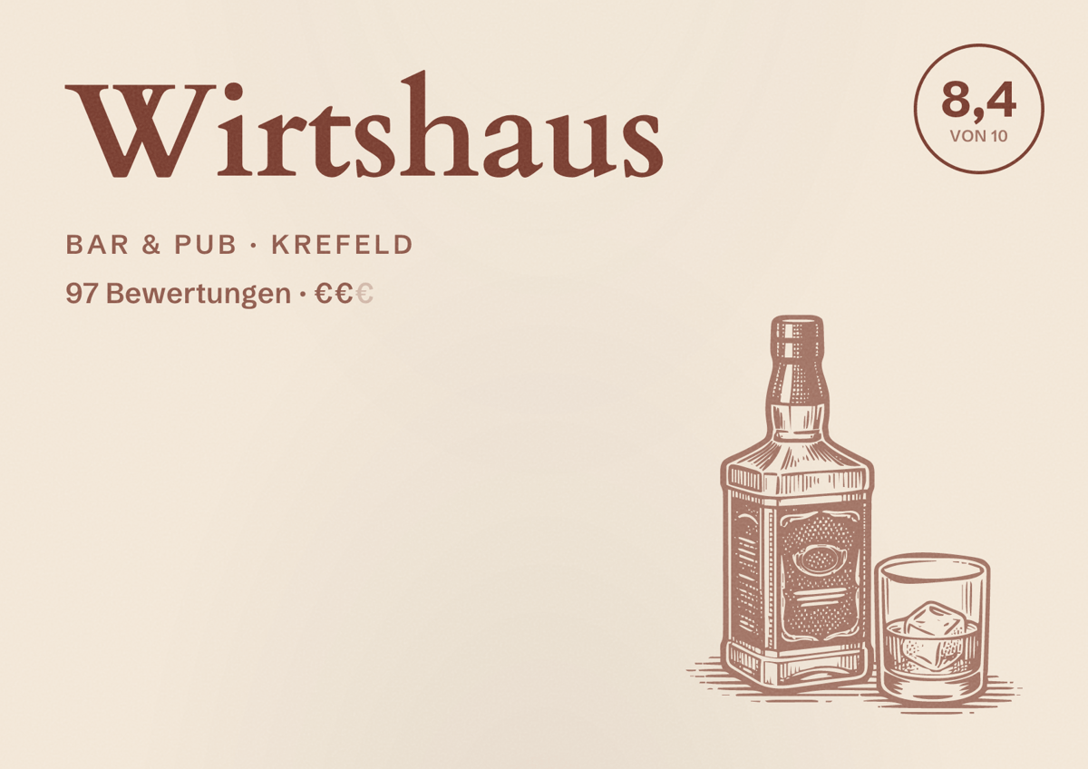 Illustriertes Poster von Wirtshaus, Bar & Pub in Krefeld: Bewertung 8,4 von 10 aus 97 Bewertungen, Preisniveau €€