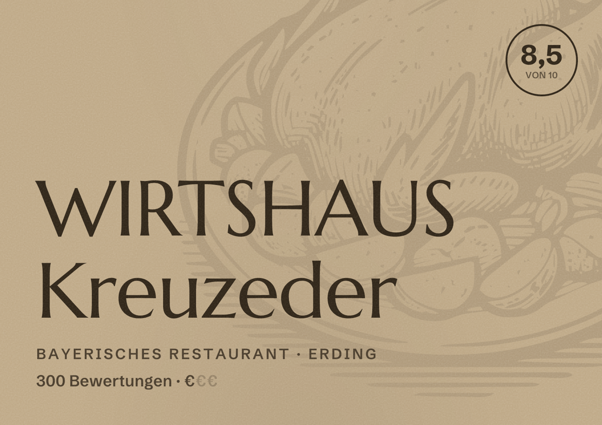 Illustriertes Poster von WIRTSHAUS Kreuzeder, Bayerisches Restaurant in Erding: Bewertung 8,5 von 10 aus 300 Bewertungen, Preisniveau €
