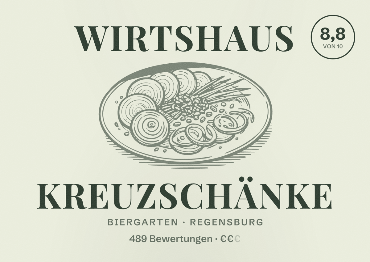 Illustriertes Poster von Wirtshaus Kreuzschänke, Biergarten in Regensburg: Bewertung 8,8 von 10 aus 489 Bewertungen, Preisniveau €€