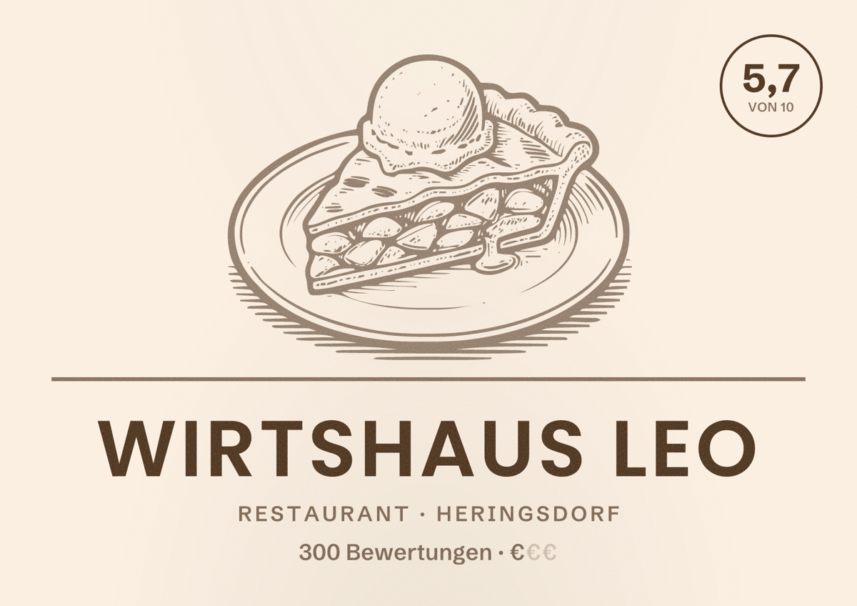 Illustriertes Poster von Wirtshaus Leo, Restaurant in Heringsdorf: Bewertung 5,7 von 10 aus 300 Bewertungen, Preisniveau €