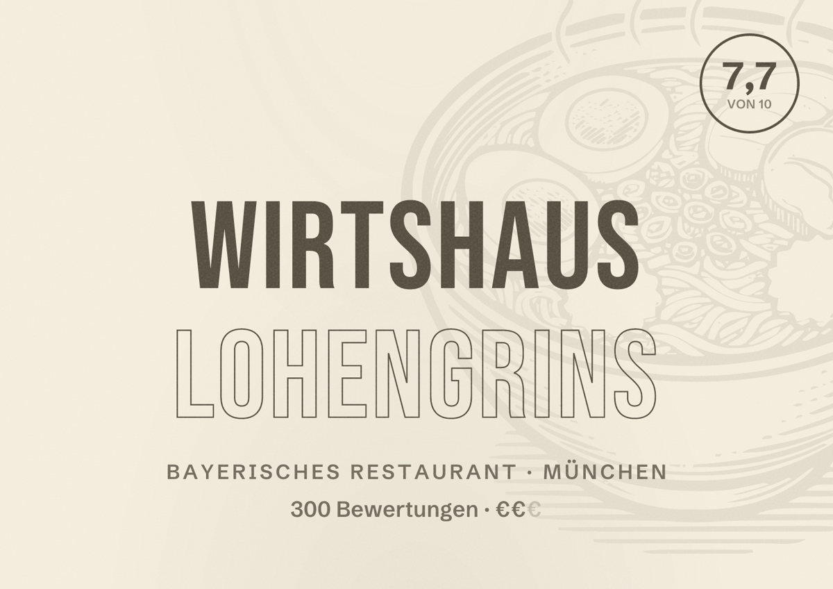 Illustriertes Poster von Wirtshaus Lohengrins, Bayerisches Restaurant in München: Bewertung 7,7 von 10 aus 300 Bewertungen, Preisniveau €€
