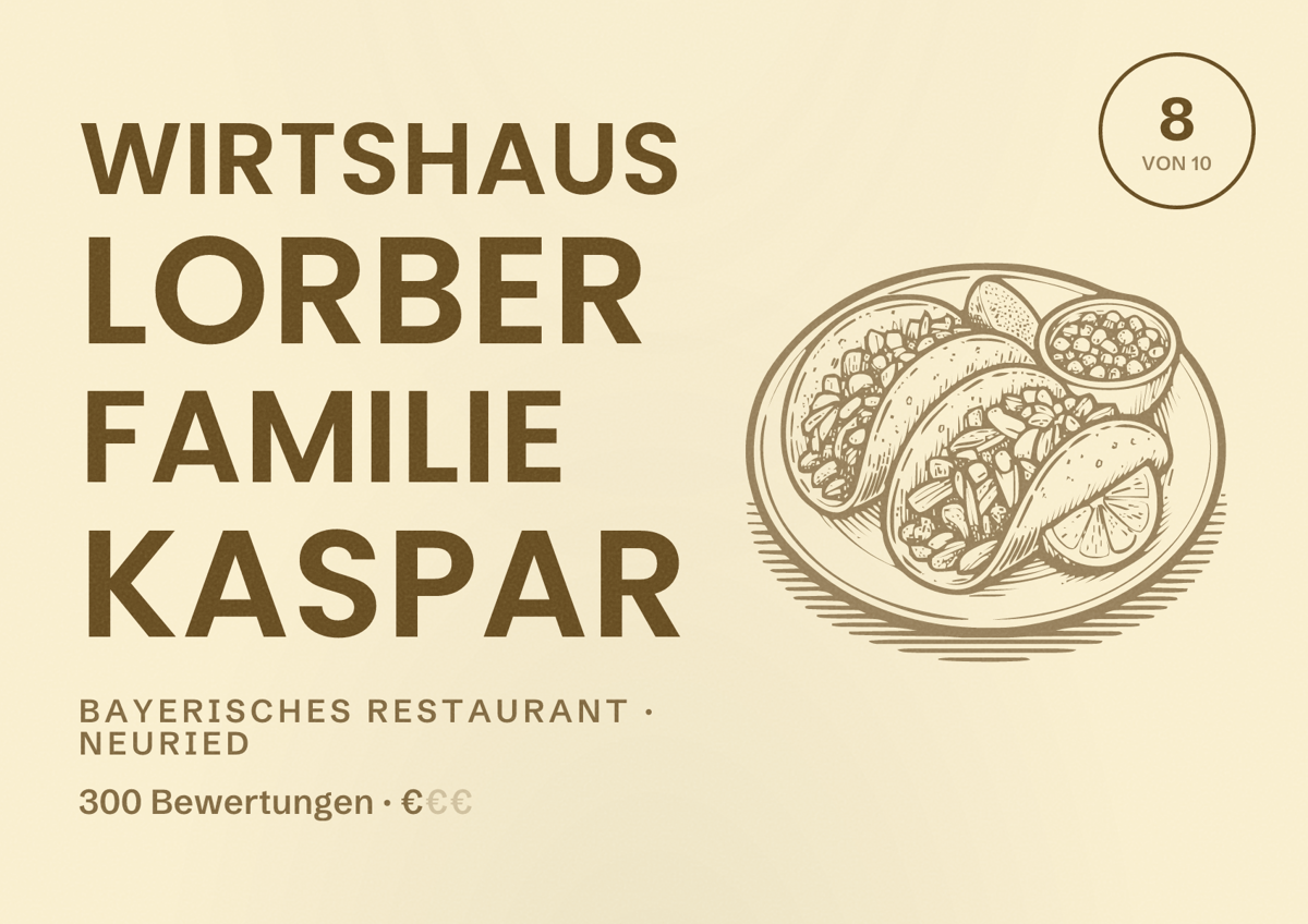 Illustriertes Poster von Wirtshaus Lorber Familie Kaspar, Bayerisches Restaurant in Neuried: Bewertung 8 von 10 aus 300 Bewertungen, Preisniveau €