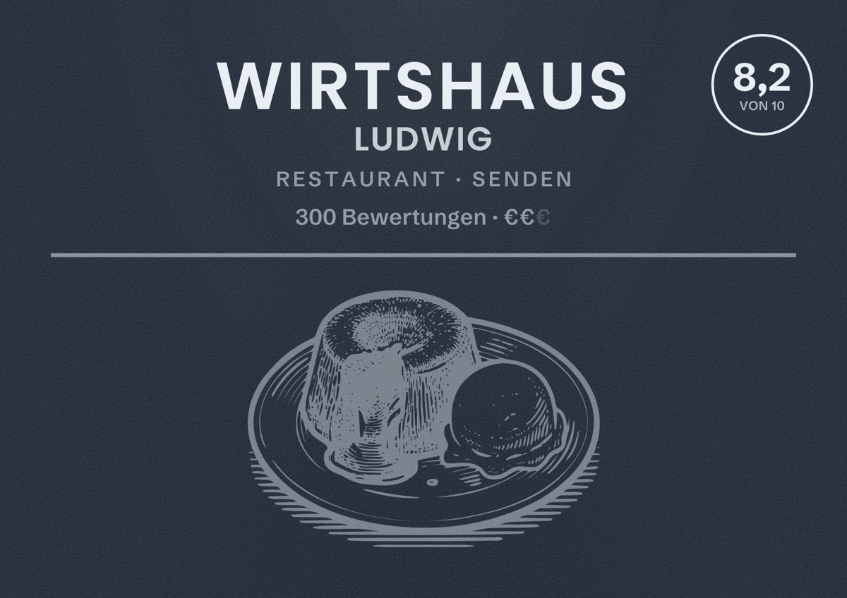 Illustriertes Poster von Wirtshaus Ludwig, Restaurant in Senden: Bewertung 8,2 von 10 aus 300 Bewertungen, Preisniveau €€