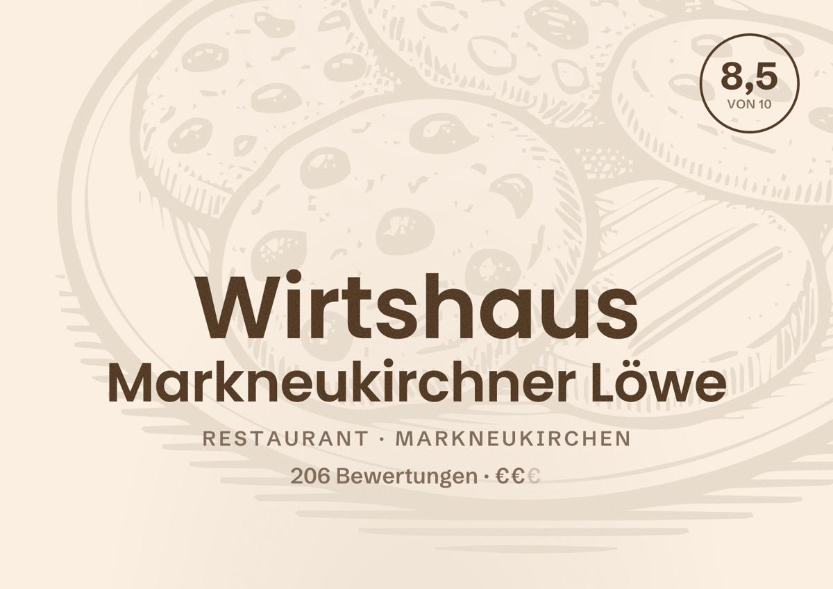 Illustriertes Poster von Wirtshaus Markneukirchner Löwe, Restaurant in Markneukirchen: Bewertung 8,5 von 10 aus 206 Bewertungen, Preisniveau €€