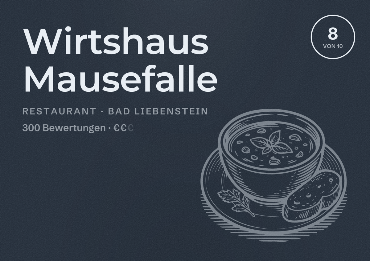 Illustriertes Poster von Wirtshaus Mausefalle, Restaurant in Bad Liebenstein: Bewertung 8 von 10 aus 300 Bewertungen, Preisniveau €€