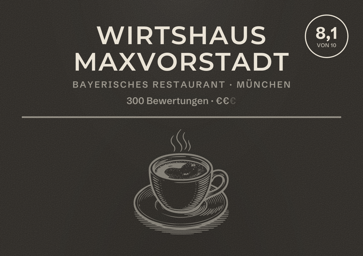 Illustriertes Poster von Wirtshaus Maxvorstadt, Bayerisches Restaurant in München: Bewertung 8,1 von 10 aus 300 Bewertungen, Preisniveau €€
