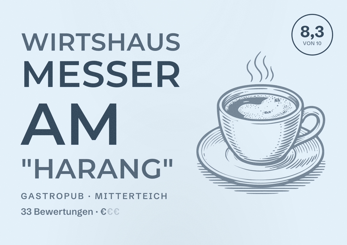 Illustriertes Poster von Wirtshaus Messer am "Harang", Gastropub in Mitterteich: Bewertung 8,3 von 10 aus 33 Bewertungen, Preisniveau €