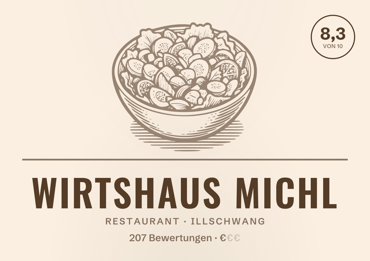 Illustriertes Poster von Wirtshaus Michl, Restaurant in Illschwang: Bewertung 8,3 von 10 aus 207 Bewertungen, Preisniveau €