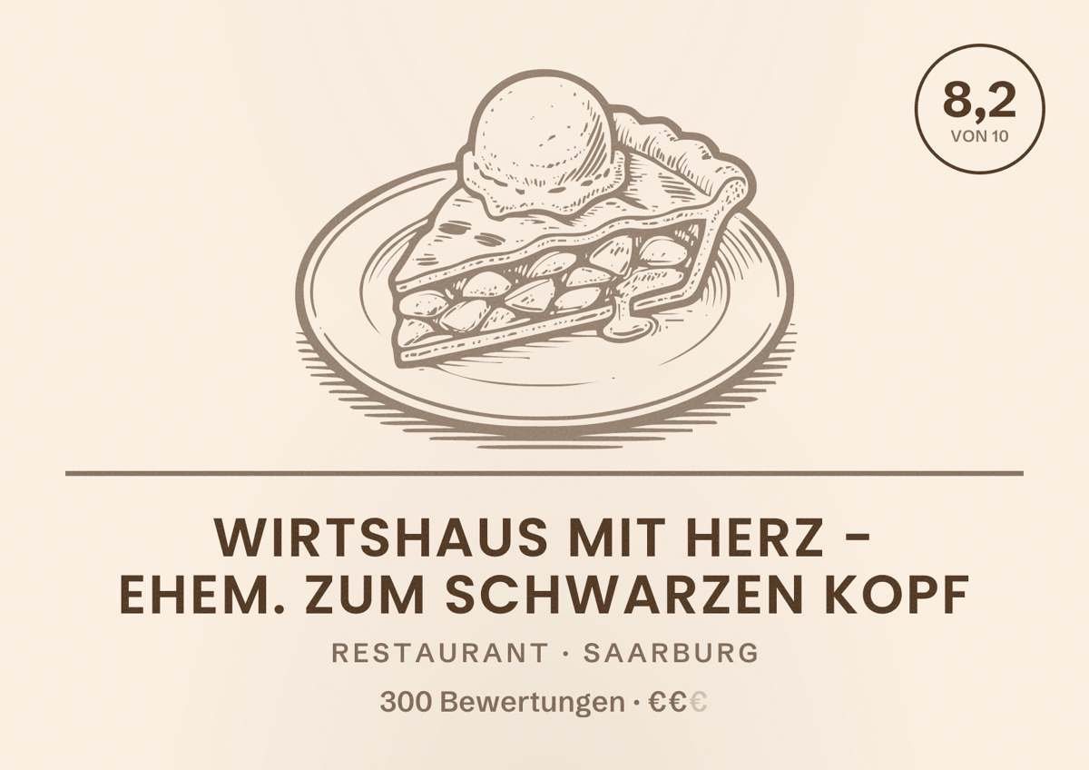 Illustriertes Poster von Wirtshaus mit Herz - ehem. Zum Schwarzen Kopf, Restaurant in Saarburg: Bewertung 8,2 von 10 aus 300 Bewertungen, Preisniveau €€