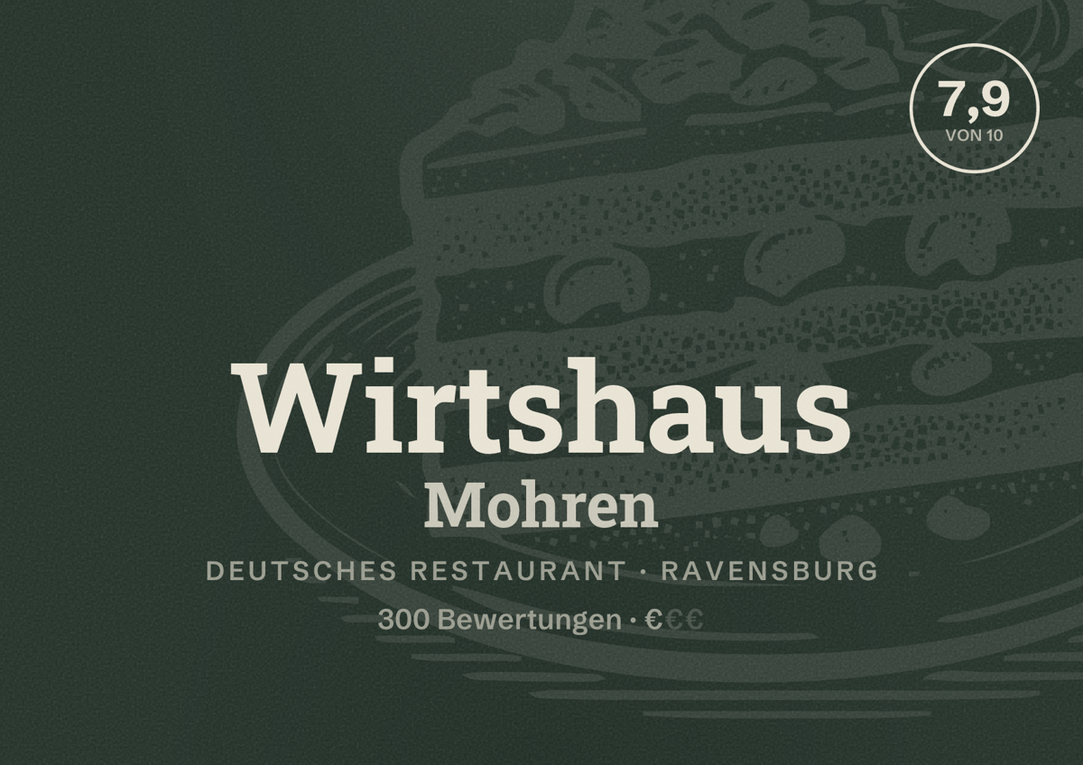 Illustriertes Poster von Wirtshaus Mohren, Deutsches Restaurant in Ravensburg: Bewertung 7,9 von 10 aus 300 Bewertungen, Preisniveau €