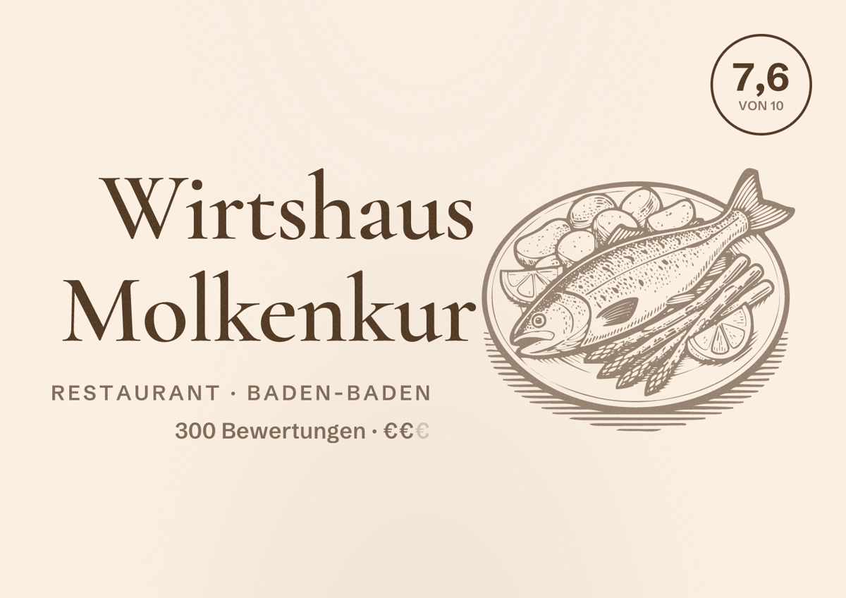 Illustriertes Poster von Wirtshaus Molkenkur, Restaurant in Baden-Baden: Bewertung 7,6 von 10 aus 300 Bewertungen, Preisniveau €€
