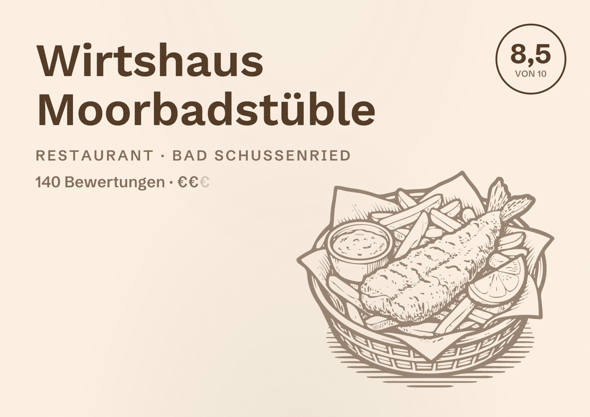 Illustriertes Poster von Wirtshaus Moorbadstüble, Restaurant in Bad Schussenried: Bewertung 8,5 von 10 aus 140 Bewertungen, Preisniveau €€
