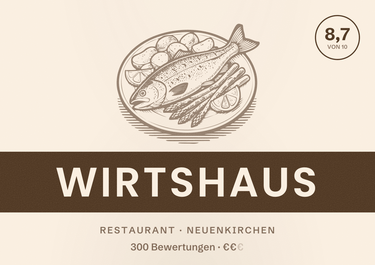 Illustriertes Poster von Wirtshaus, Restaurant in Neuenkirchen: Bewertung 8,7 von 10 aus 300 Bewertungen, Preisniveau €€
