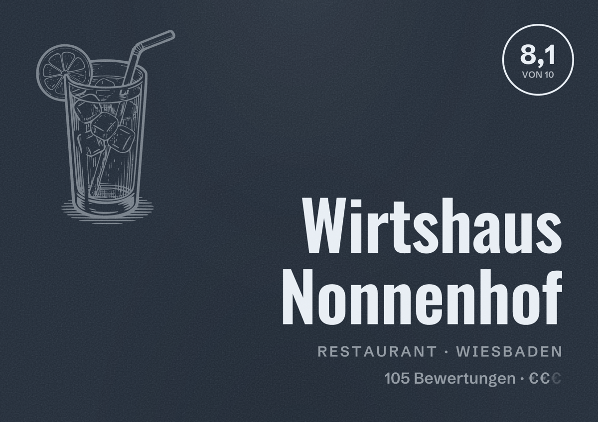 Illustriertes Poster von Wirtshaus Nonnenhof, Restaurant in Wiesbaden: Bewertung 8,1 von 10 aus 105 Bewertungen, Preisniveau €€