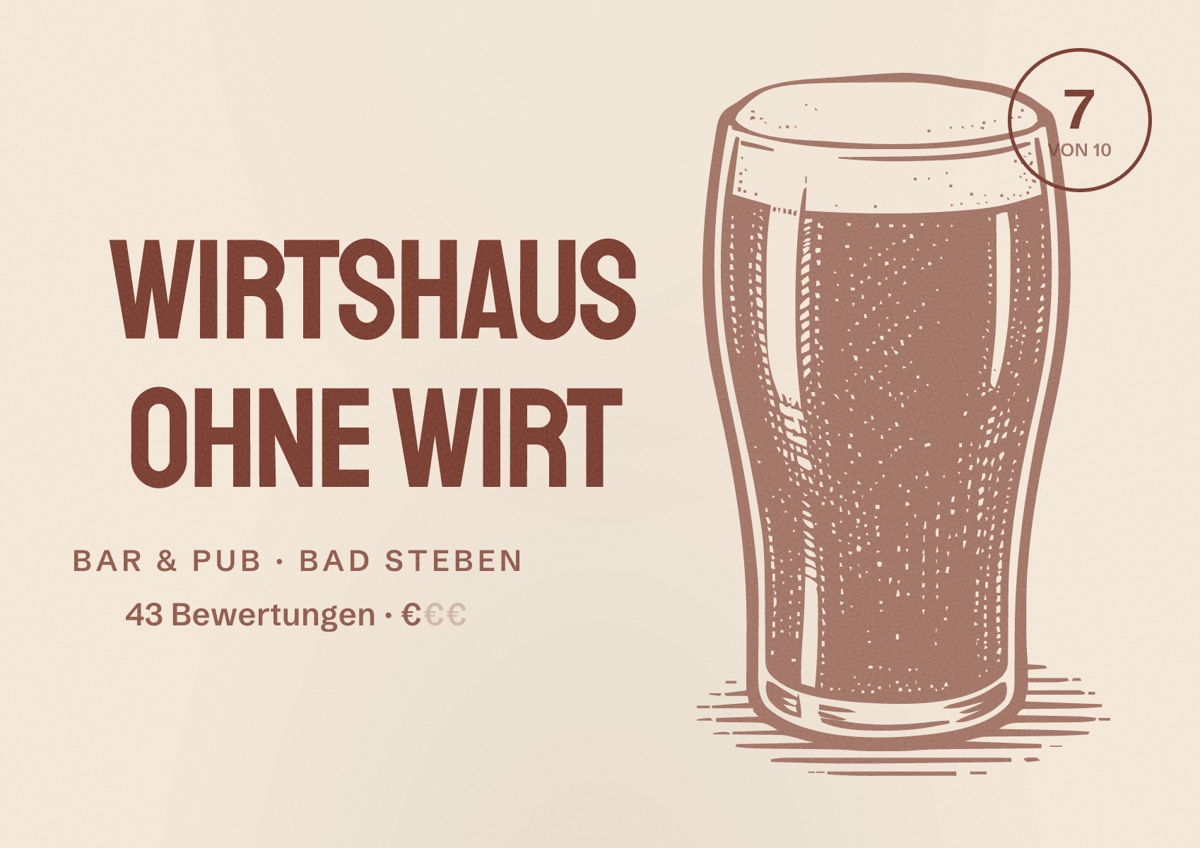 Illustriertes Poster von Wirtshaus ohne Wirt, Bar & Pub in Bad Steben: Bewertung 7 von 10 aus 43 Bewertungen, Preisniveau €