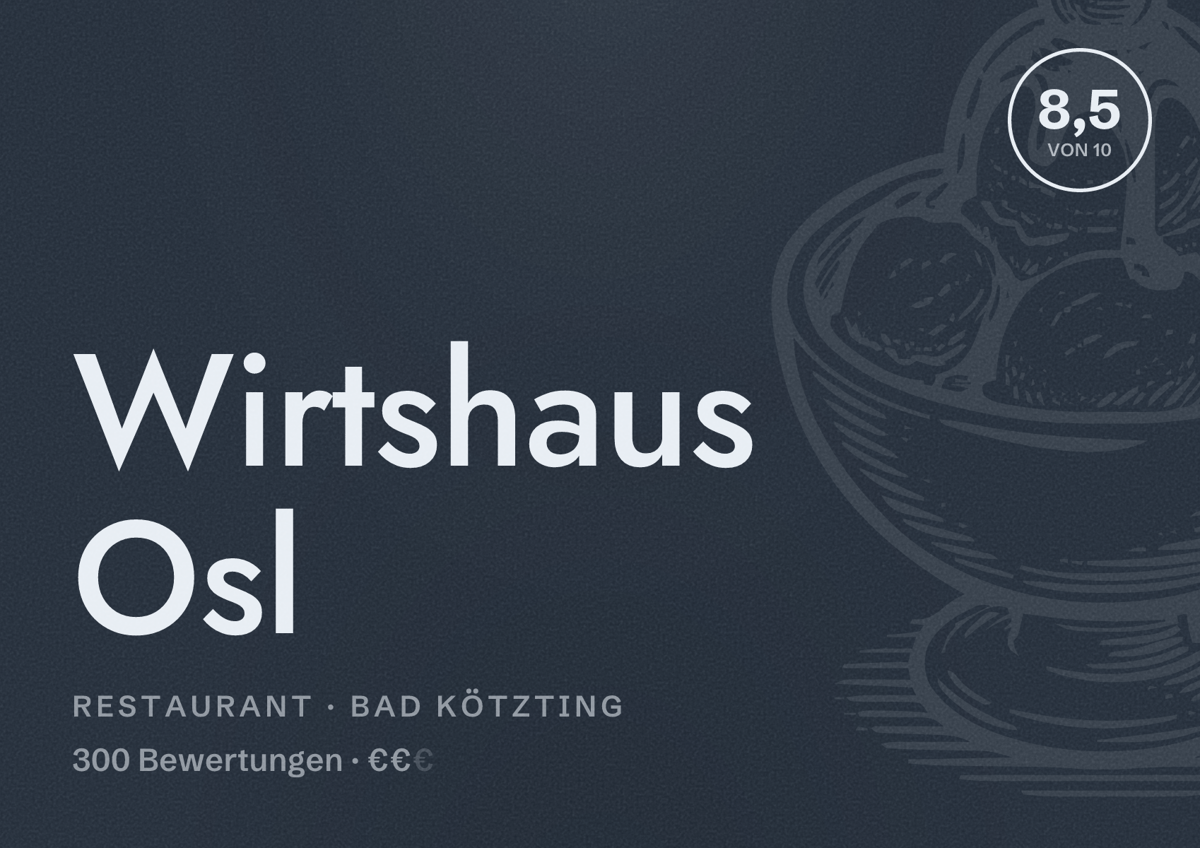 Illustriertes Poster von Wirtshaus Osl, Restaurant in Bad Kötzting: Bewertung 8,5 von 10 aus 300 Bewertungen, Preisniveau €€