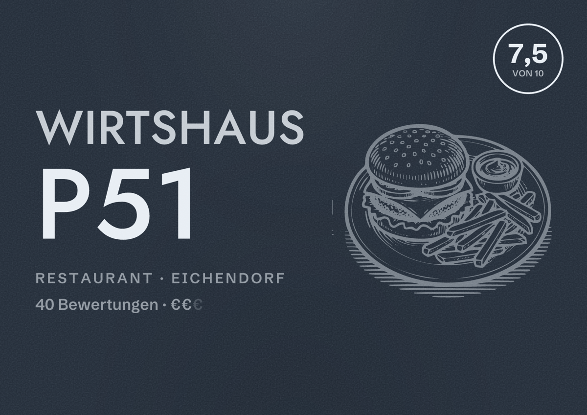 Illustriertes Poster von Wirtshaus P51, Restaurant in Eichendorf: Bewertung 7,5 von 10 aus 40 Bewertungen, Preisniveau €€