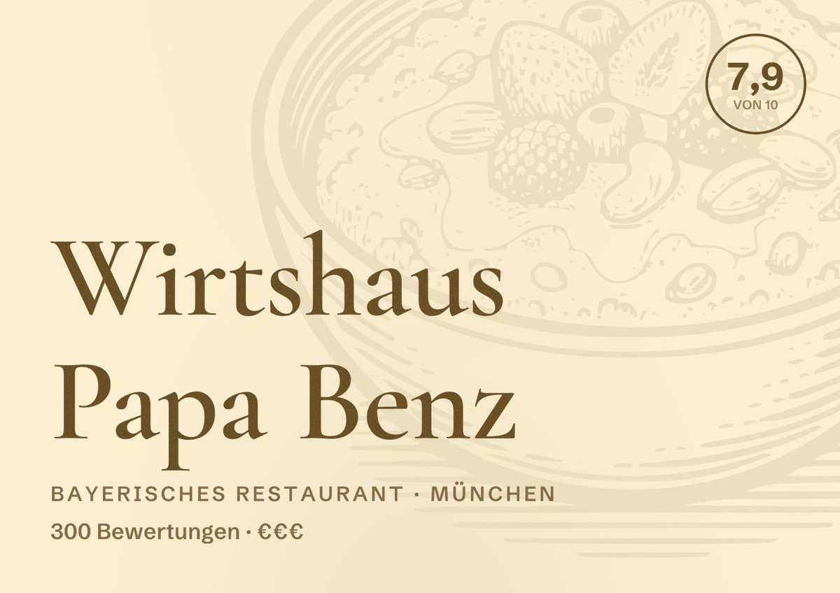 Illustriertes Poster von Wirtshaus Papa Benz, Bayerisches Restaurant in München: Bewertung 7,9 von 10 aus 300 Bewertungen, Preisniveau €€€