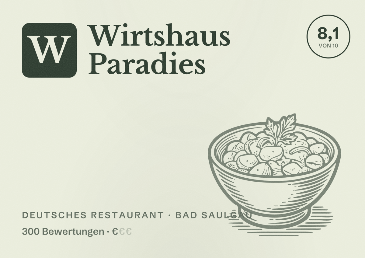 Illustriertes Poster von Wirtshaus Paradies, Deutsches Restaurant in Bad Saulgau: Bewertung 8,1 von 10 aus 300 Bewertungen, Preisniveau €