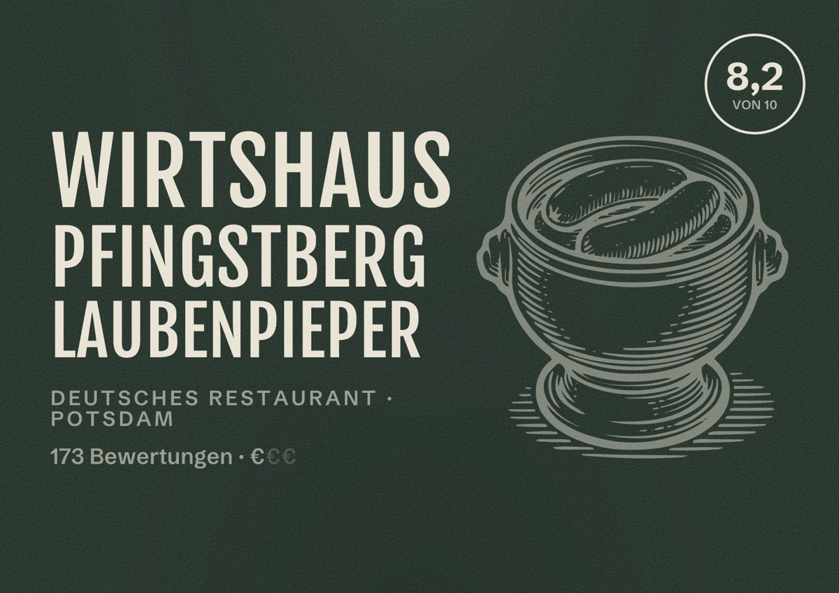 Illustriertes Poster von Wirtshaus Pfingstberg Laubenpieper, Deutsches Restaurant in Potsdam: Bewertung 8,2 von 10 aus 173 Bewertungen, Preisniveau €