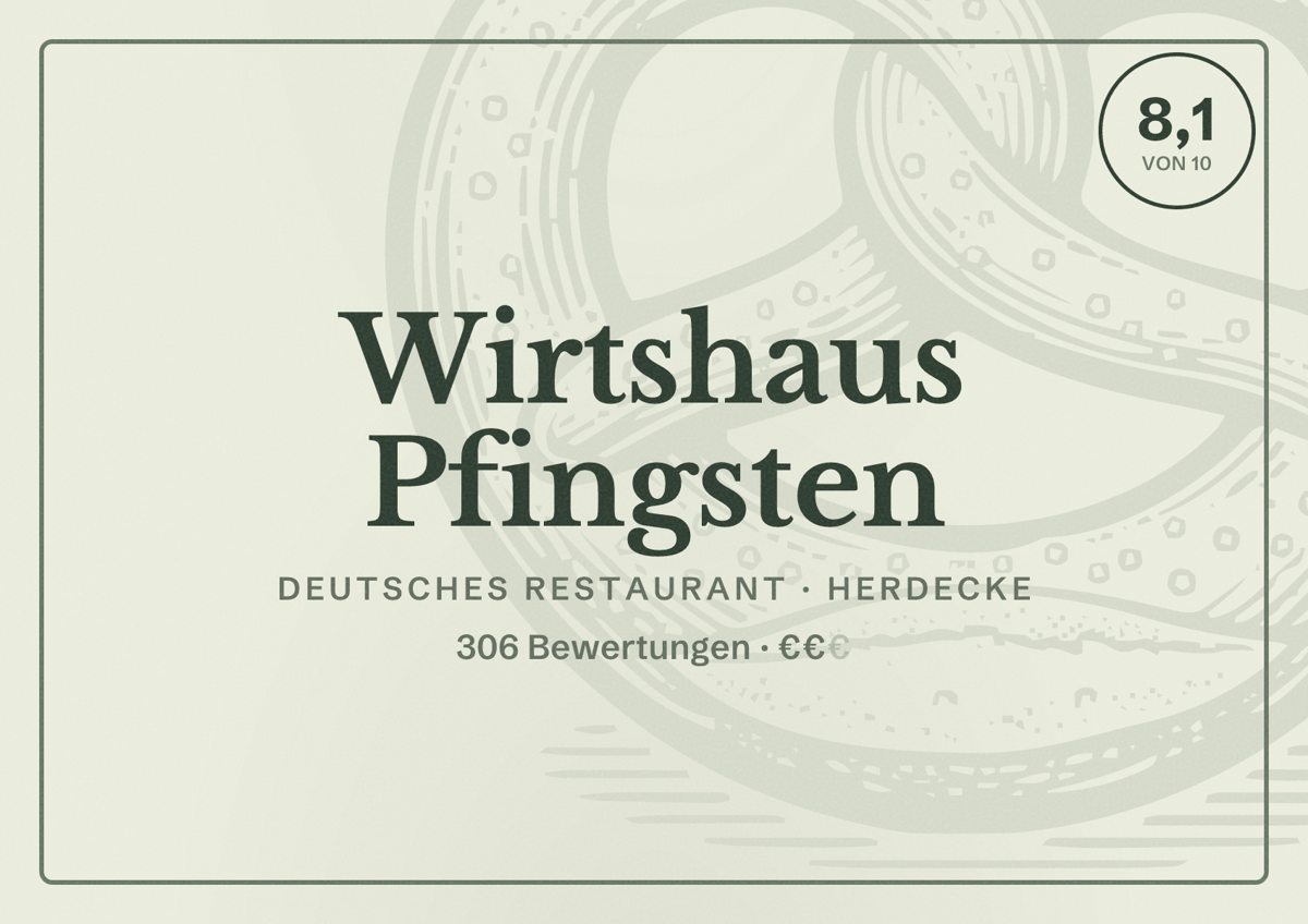 Illustriertes Poster von Wirtshaus Pfingsten, Deutsches Restaurant in Herdecke: Gästebewertung 8,1 von 10 aus 306 Bewertungen
