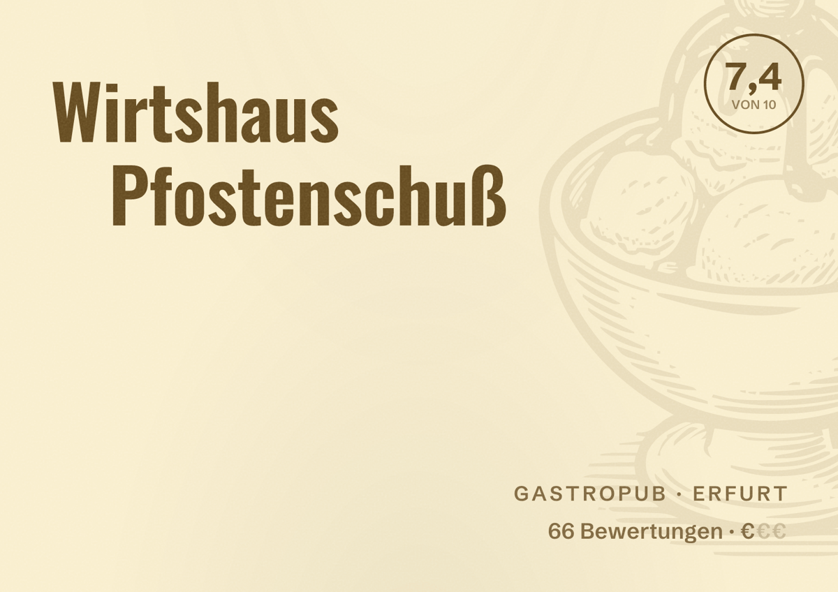 Illustriertes Poster von Wirtshaus Pfostenschuß, Gastropub in Erfurt: Bewertung 7,4 von 10 aus 66 Bewertungen, Preisniveau €