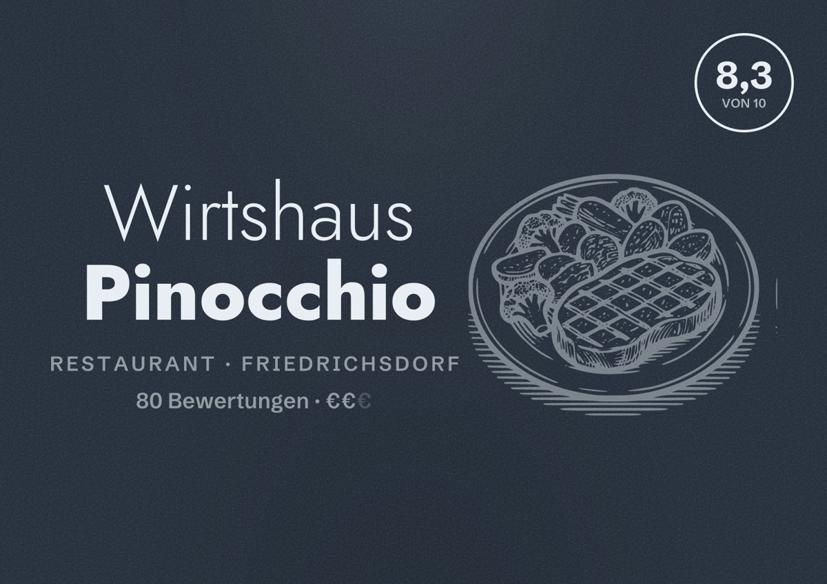 Illustriertes Poster von Wirtshaus Pinocchio, Restaurant in Friedrichsdorf: Bewertung 8,3 von 10 aus 80 Bewertungen, Preisniveau €€