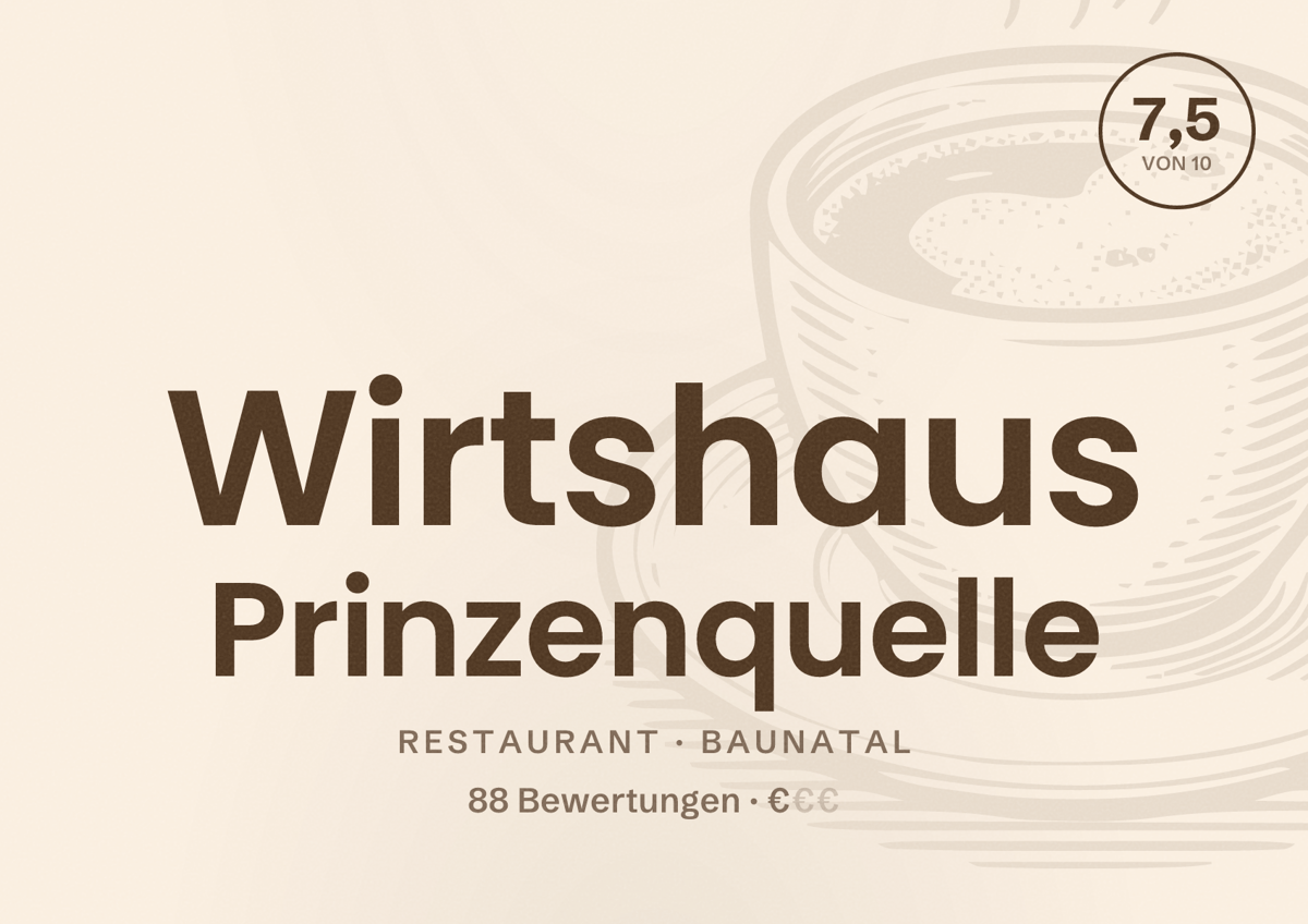 Illustriertes Poster von Wirtshaus Prinzenquelle, Restaurant in Baunatal: Bewertung 7,5 von 10 aus 88 Bewertungen, Preisniveau €