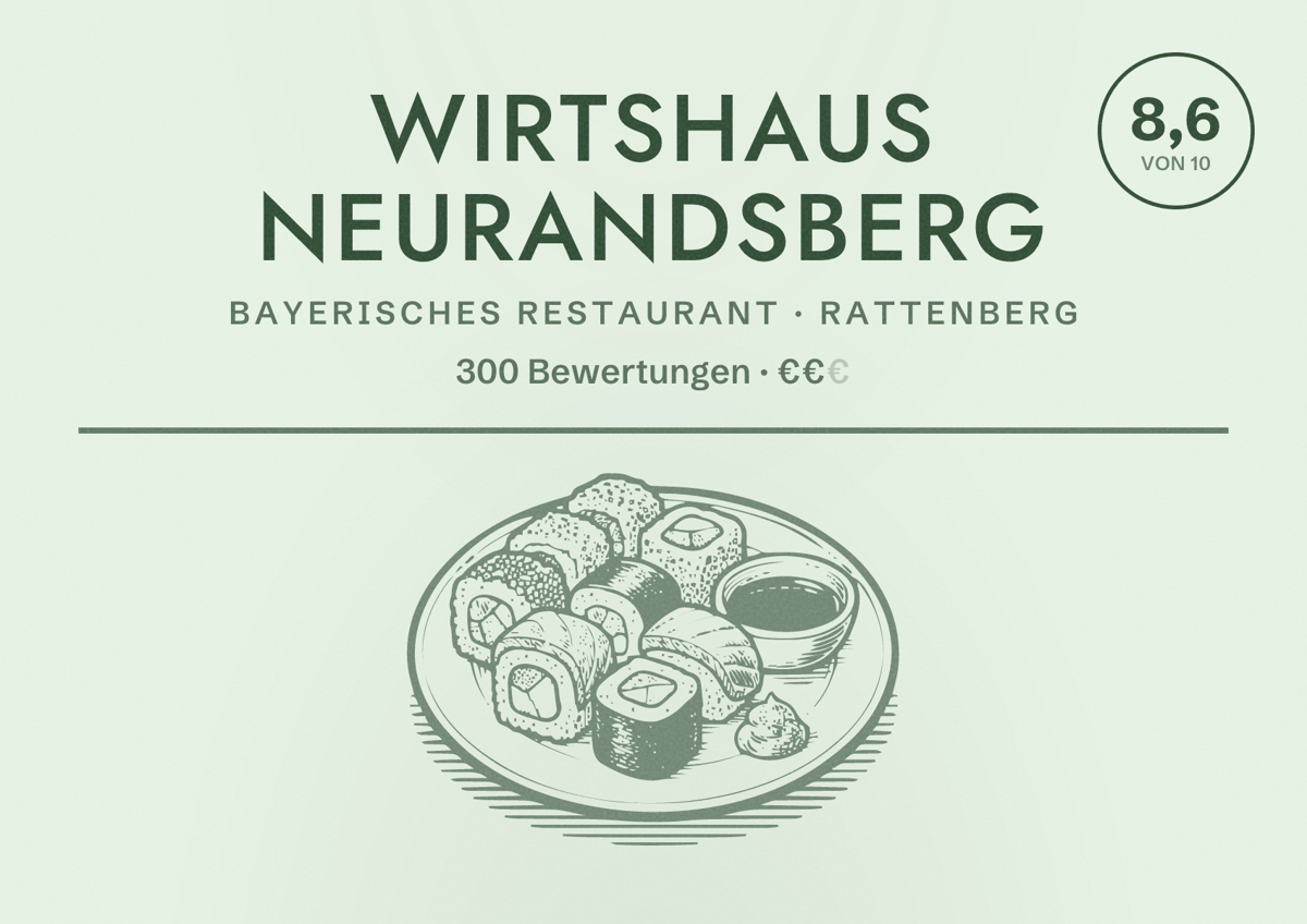 Illustriertes Poster von Wirtshaus Neurandsberg, Bayerisches Restaurant in Rattenberg: Bewertung 8,6 von 10 aus 300 Bewertungen, Preisniveau €€
