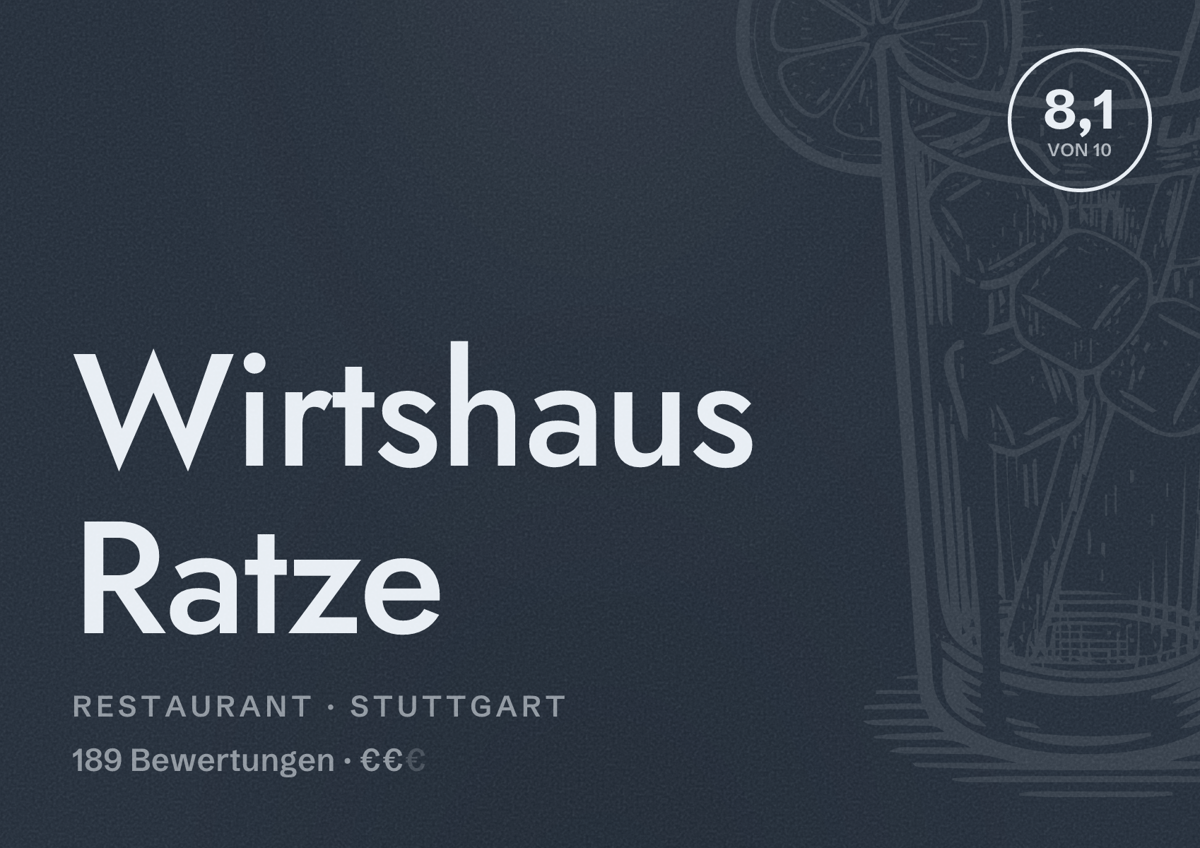 Illustriertes Poster von Wirtshaus Ratze, Restaurant in Stuttgart: Bewertung 8,1 von 10 aus 189 Bewertungen, Preisniveau €€