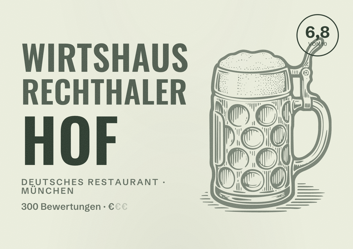 Illustriertes Poster von Wirtshaus Rechthaler Hof, Deutsches Restaurant in München: Bewertung 6,8 von 10 aus 300 Bewertungen, Preisniveau €