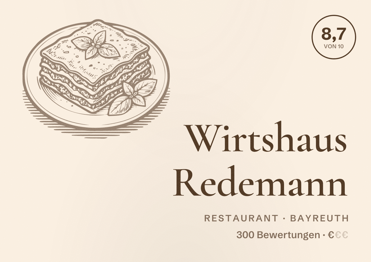 Illustriertes Poster von Wirtshaus Redemann, Restaurant in Bayreuth: Bewertung 8,7 von 10 aus 300 Bewertungen, Preisniveau €