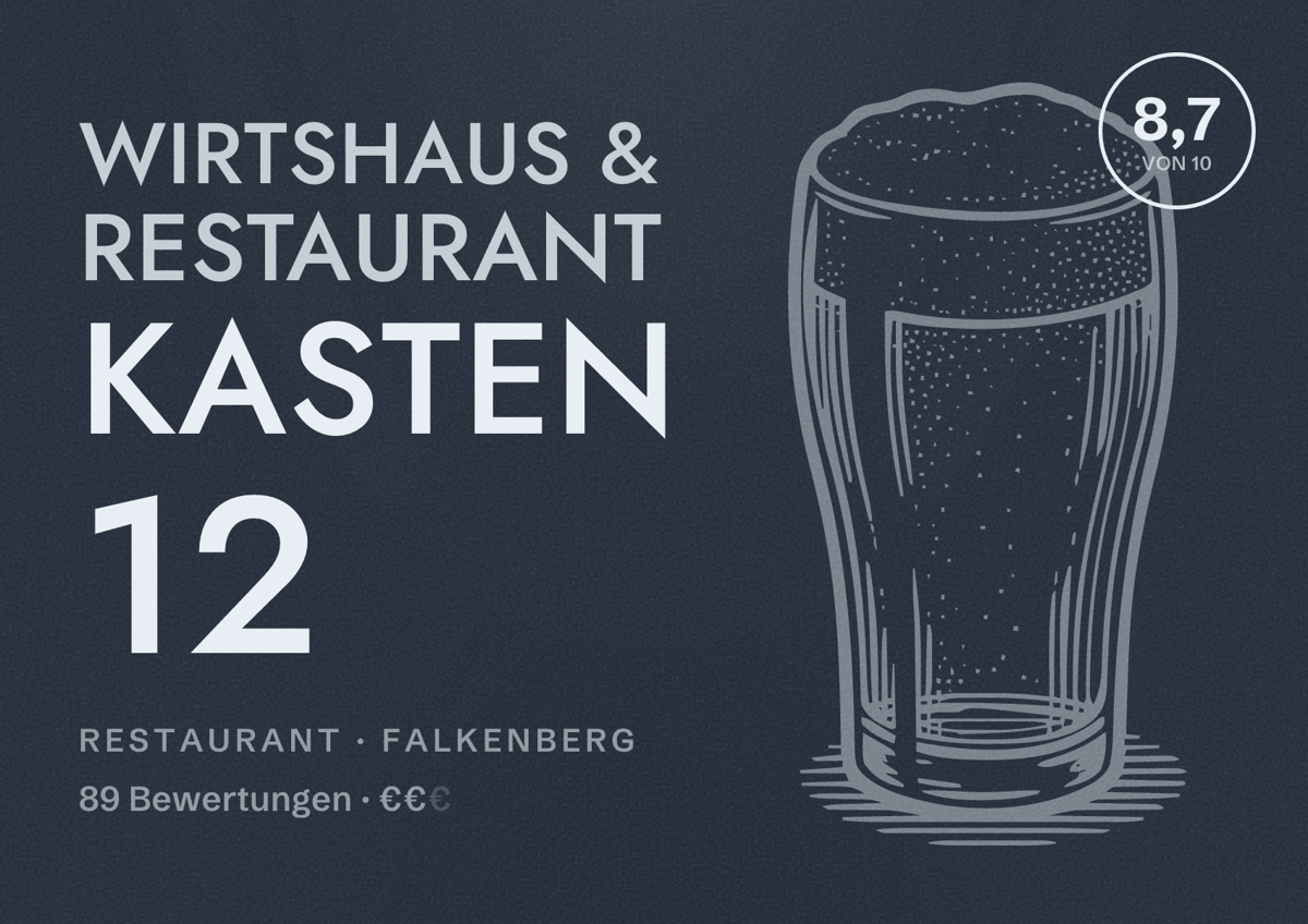 Illustriertes Poster von Wirtshaus & Restaurant Kasten 12, Restaurant in Falkenberg: Bewertung 8,7 von 10 aus 89 Bewertungen, Preisniveau €€