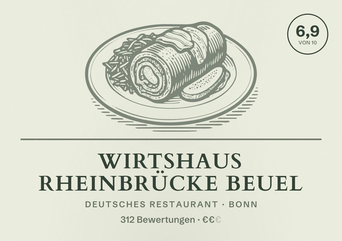 Illustriertes Poster von Wirtshaus Rheinbrücke Beuel, Deutsches Restaurant in Bonn: Bewertung 6,9 von 10 aus 312 Bewertungen, Preisniveau €€