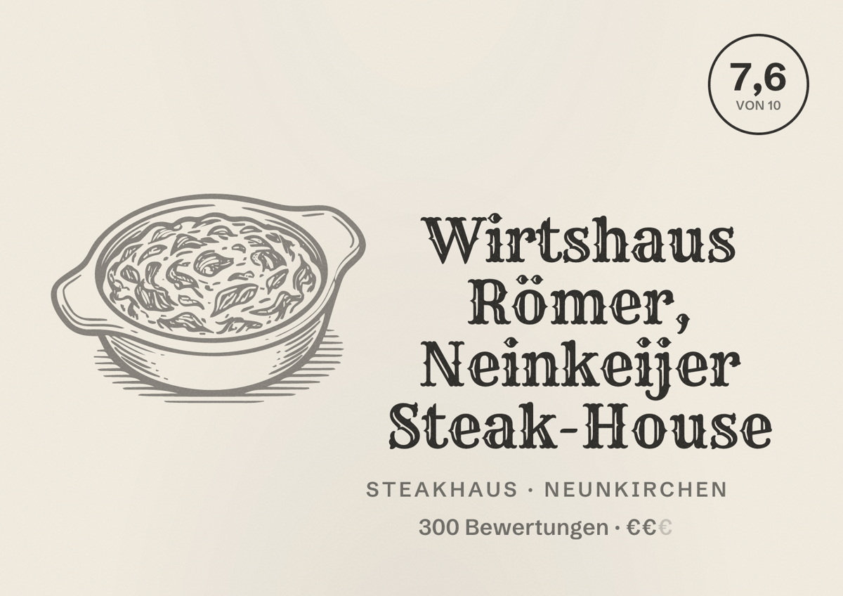 Illustriertes Poster von Wirtshaus Römer, Neinkeijer Steak-House, Steakhaus in Neunkirchen: Bewertung 7,6 von 10 aus 300 Bewertungen, Preisniveau €€