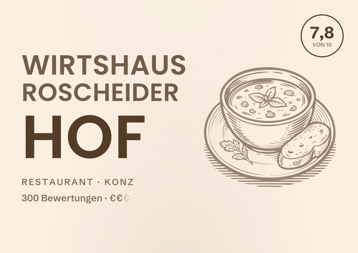Illustriertes Poster von Wirtshaus Roscheider Hof, Restaurant in Konz: Bewertung 7,8 von 10 aus 300 Bewertungen, Preisniveau €€