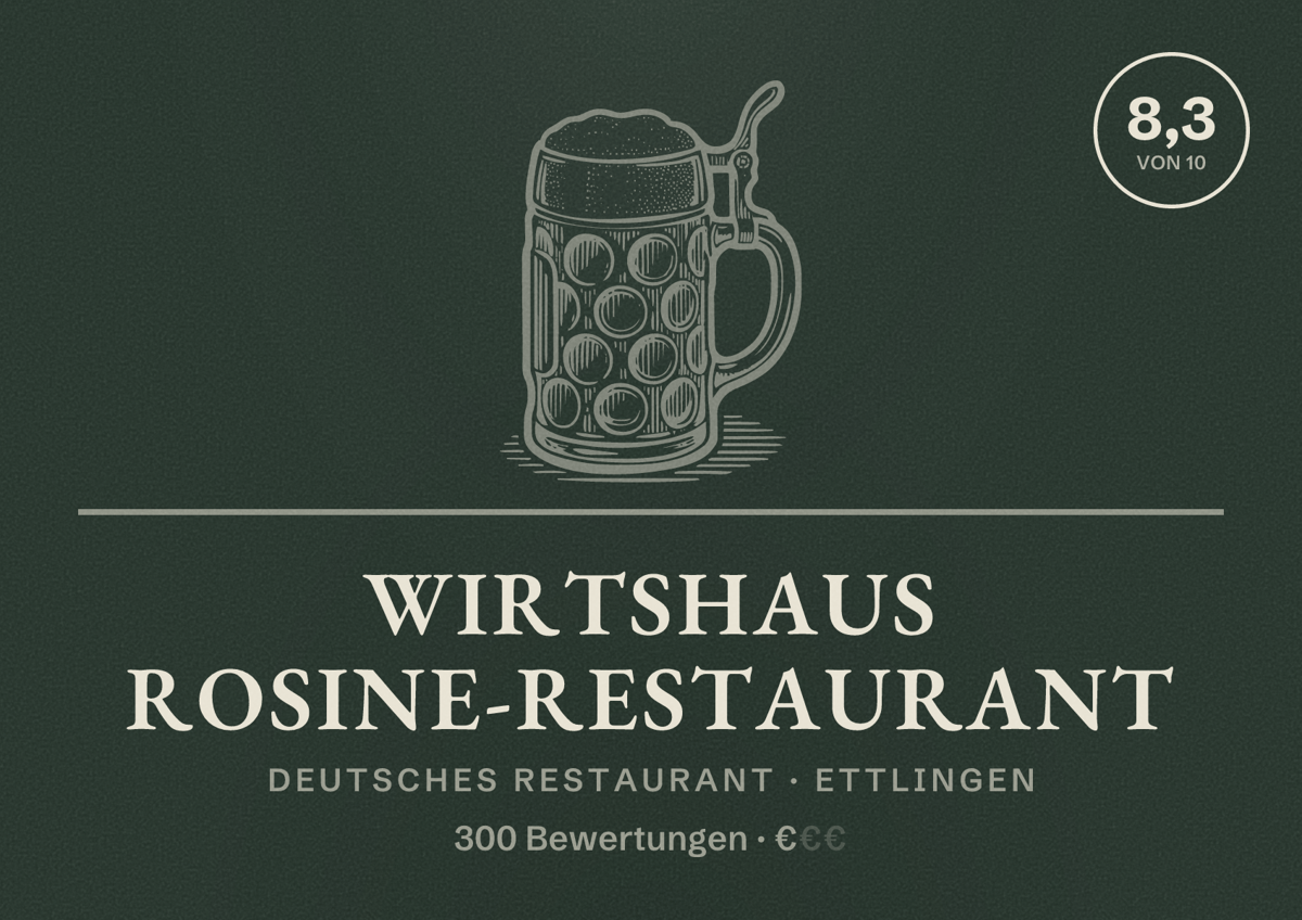 Illustriertes Poster von Wirtshaus Rosine-Restaurant, Deutsches Restaurant in Ettlingen: Bewertung 8,3 von 10 aus 300 Bewertungen, Preisniveau €