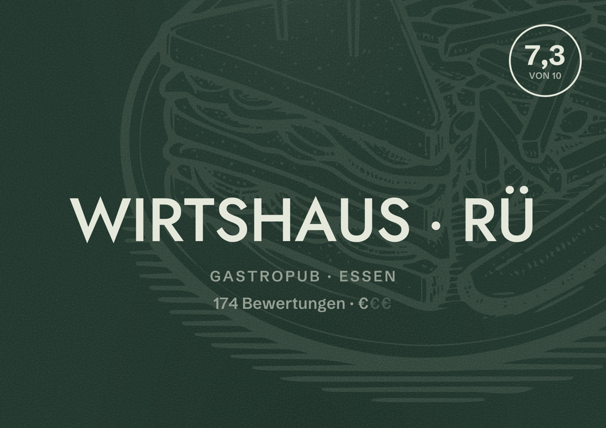 Illustriertes Poster von WIRTSHAUS RÜ, Gastropub in Essen: Bewertung 7,3 von 10 aus 174 Bewertungen, Preisniveau €