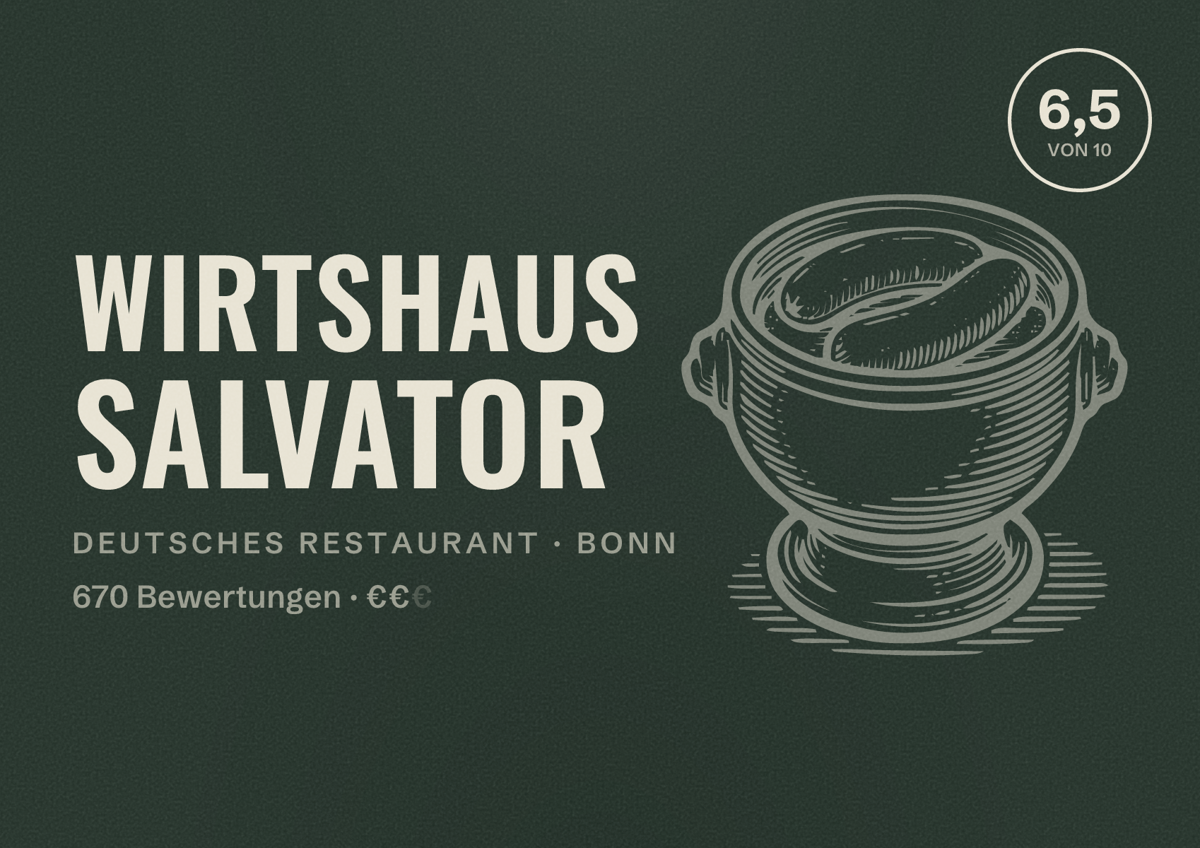 Illustriertes Poster von Wirtshaus Salvator, Deutsches Restaurant in Bonn: Bewertung 6,5 von 10 aus 670 Bewertungen, Preisniveau €€