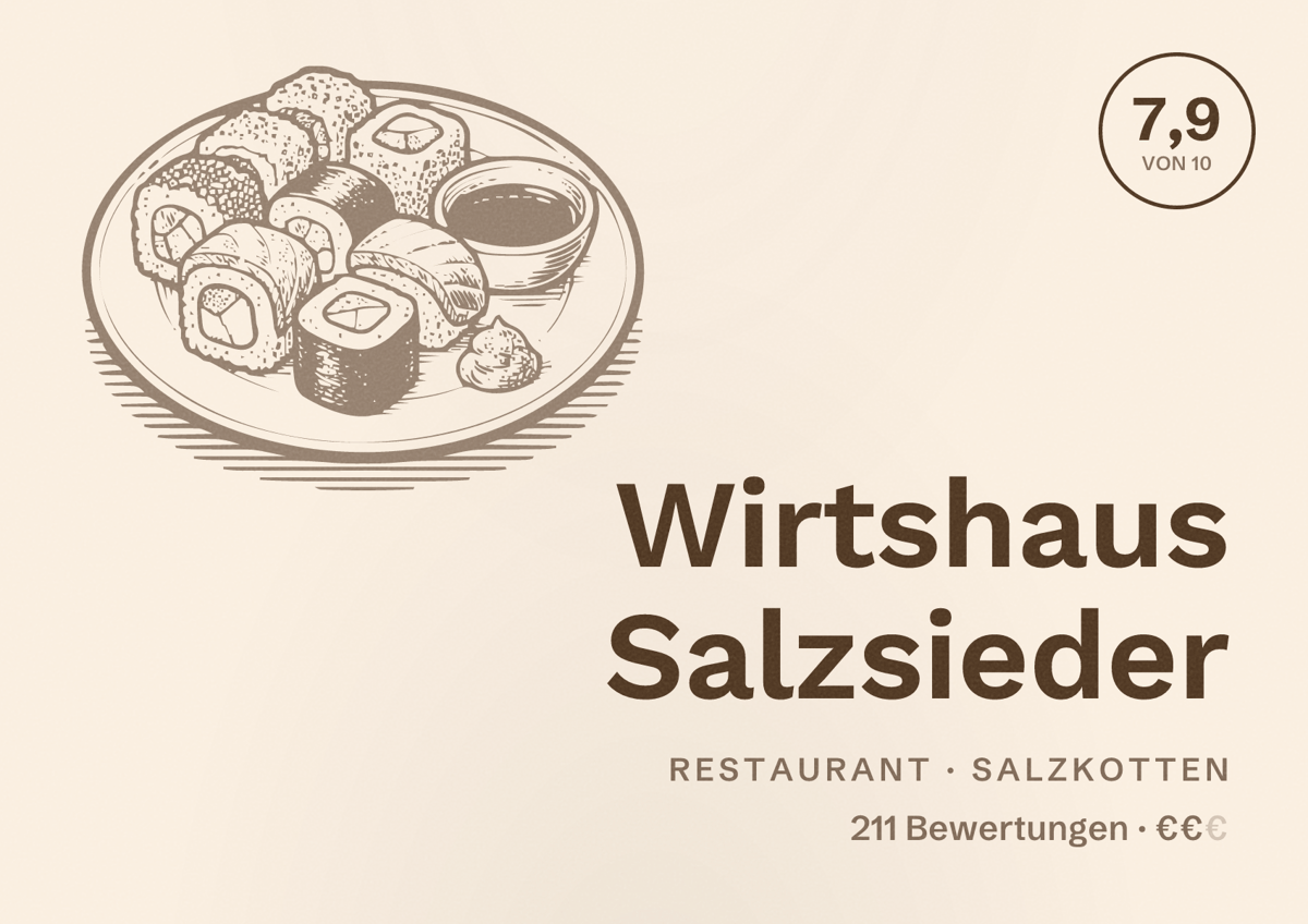 Illustriertes Poster von Wirtshaus Salzsieder, Restaurant in Salzkotten: Bewertung 7,9 von 10 aus 211 Bewertungen, Preisniveau €€