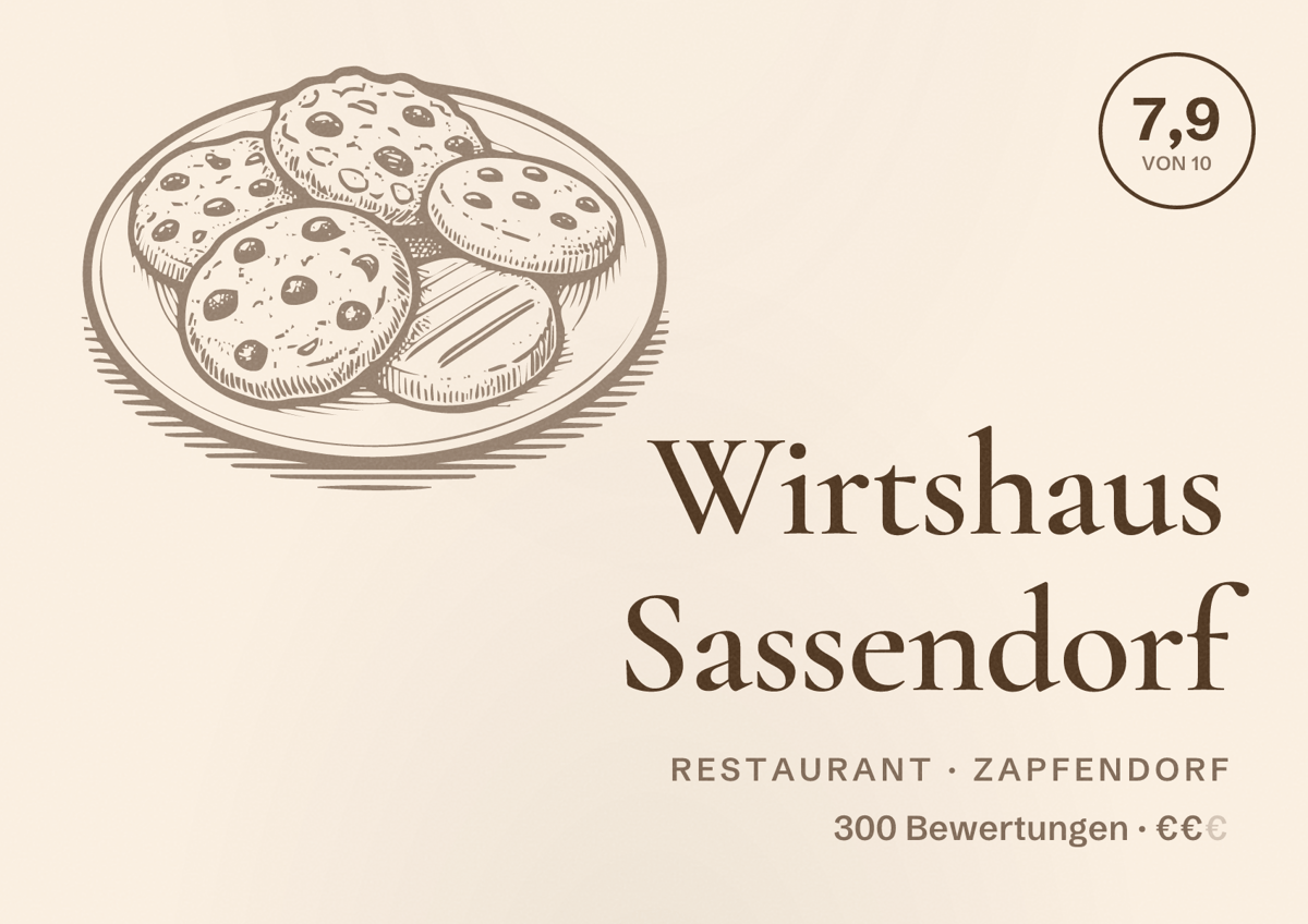 Illustriertes Poster von Wirtshaus Sassendorf, Restaurant in Zapfendorf: Bewertung 7,9 von 10 aus 300 Bewertungen, Preisniveau €€