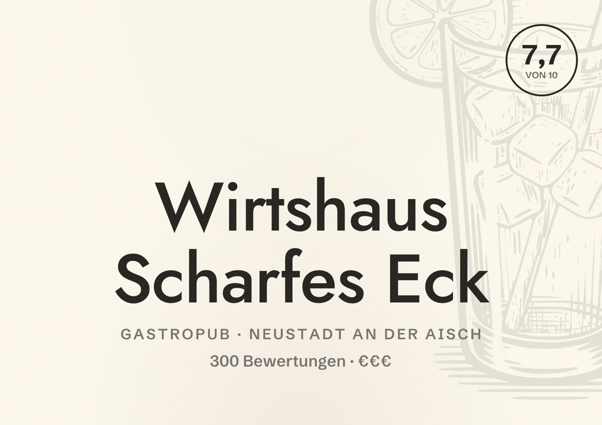Illustriertes Poster von Wirtshaus Scharfes Eck, Gastropub in Neustadt an der Aisch: Bewertung 7,7 von 10 aus 300 Bewertungen, Preisniveau €€€