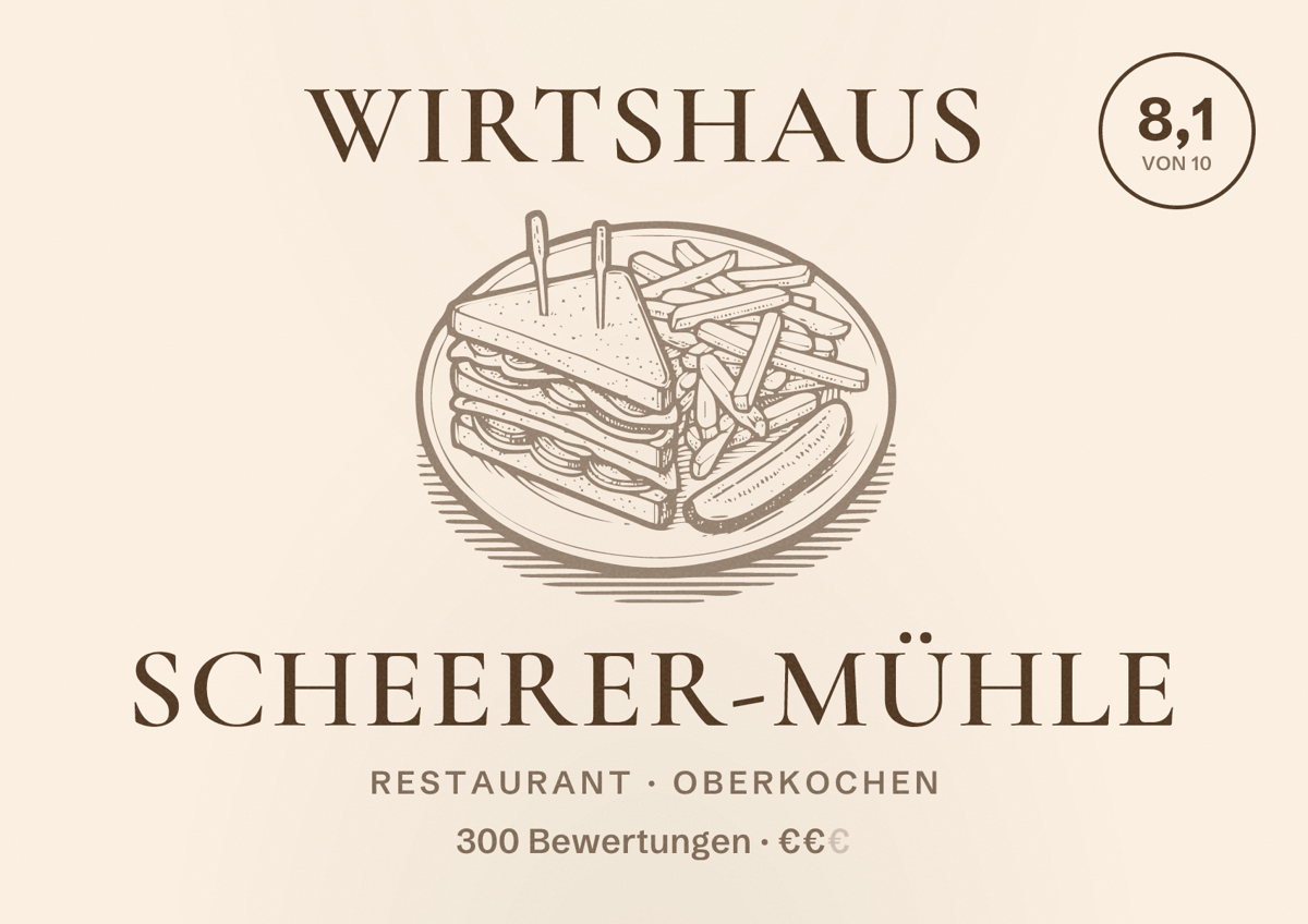 Illustriertes Poster von Wirtshaus Scheerer-Mühle, Restaurant in Oberkochen: Bewertung 8,1 von 10 aus 300 Bewertungen, Preisniveau €€