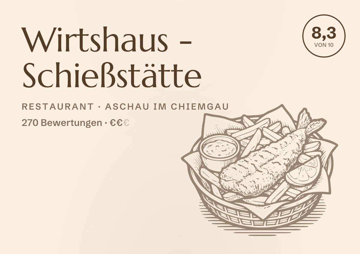 Illustriertes Poster von Wirtshaus - Schießstätte, Restaurant in Aschau im Chiemgau: Bewertung 8,3 von 10 aus 270 Bewertungen, Preisniveau €€