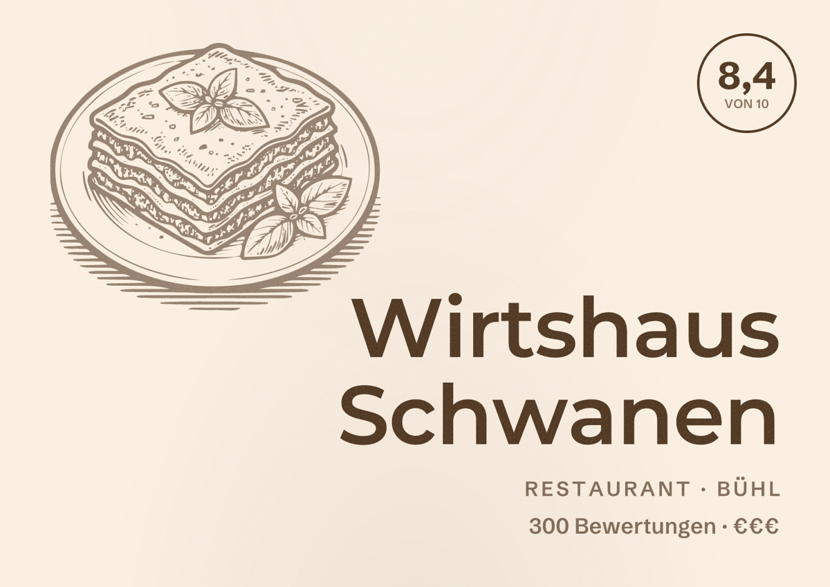 Illustriertes Poster von Wirtshaus Schwanen, Restaurant in Bühl: Bewertung 8,4 von 10 aus 300 Bewertungen, Preisniveau €€€