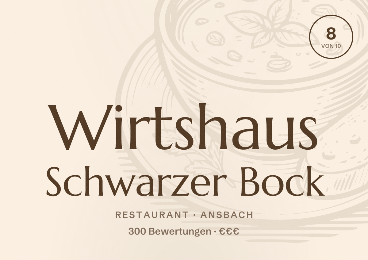 Illustriertes Poster von Wirtshaus Schwarzer Bock, Restaurant in Ansbach: Bewertung 8 von 10 aus 300 Bewertungen, Preisniveau €€€