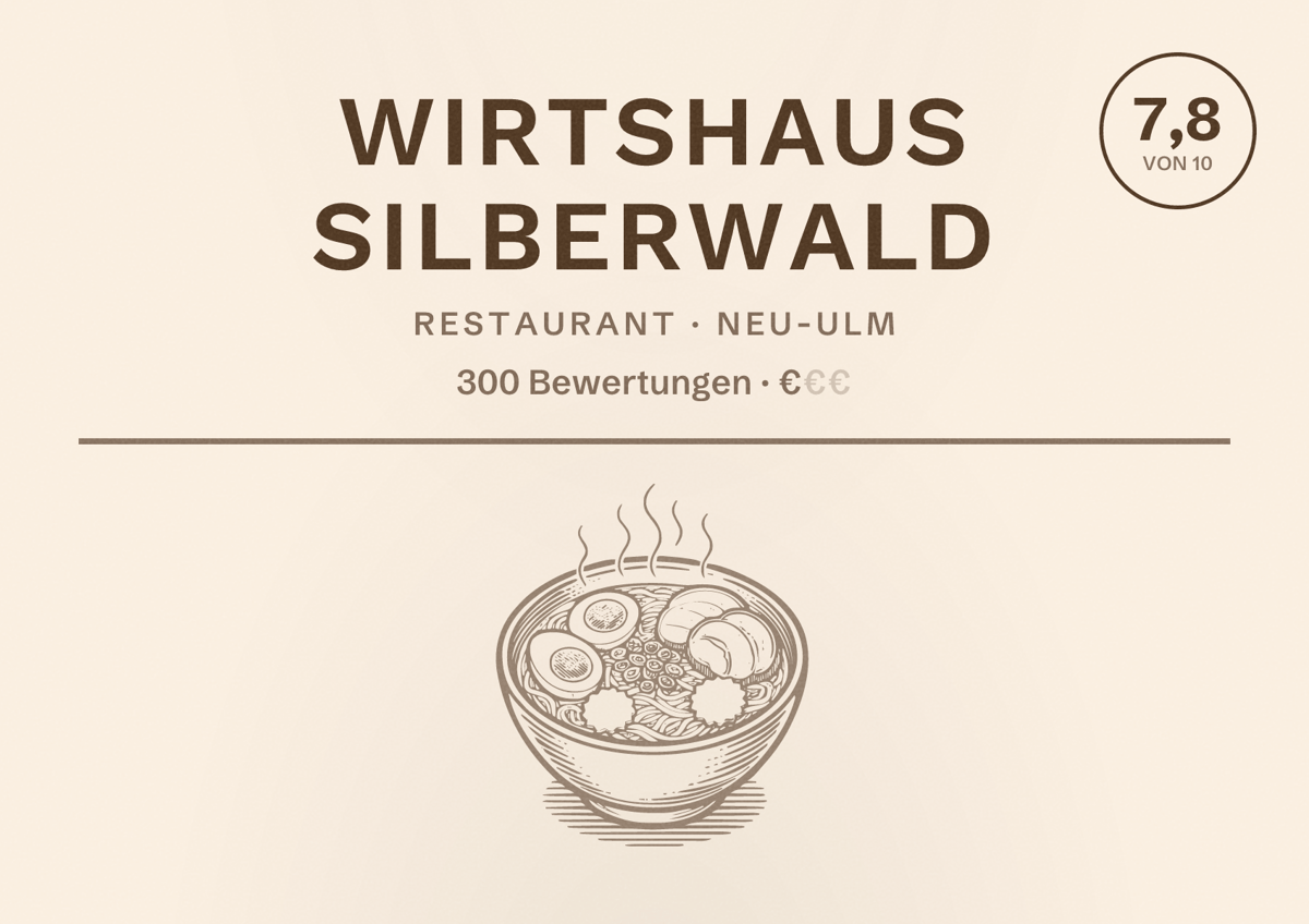 Illustriertes Poster von Wirtshaus Silberwald, Restaurant in Neu-Ulm: Bewertung 7,8 von 10 aus 300 Bewertungen, Preisniveau €