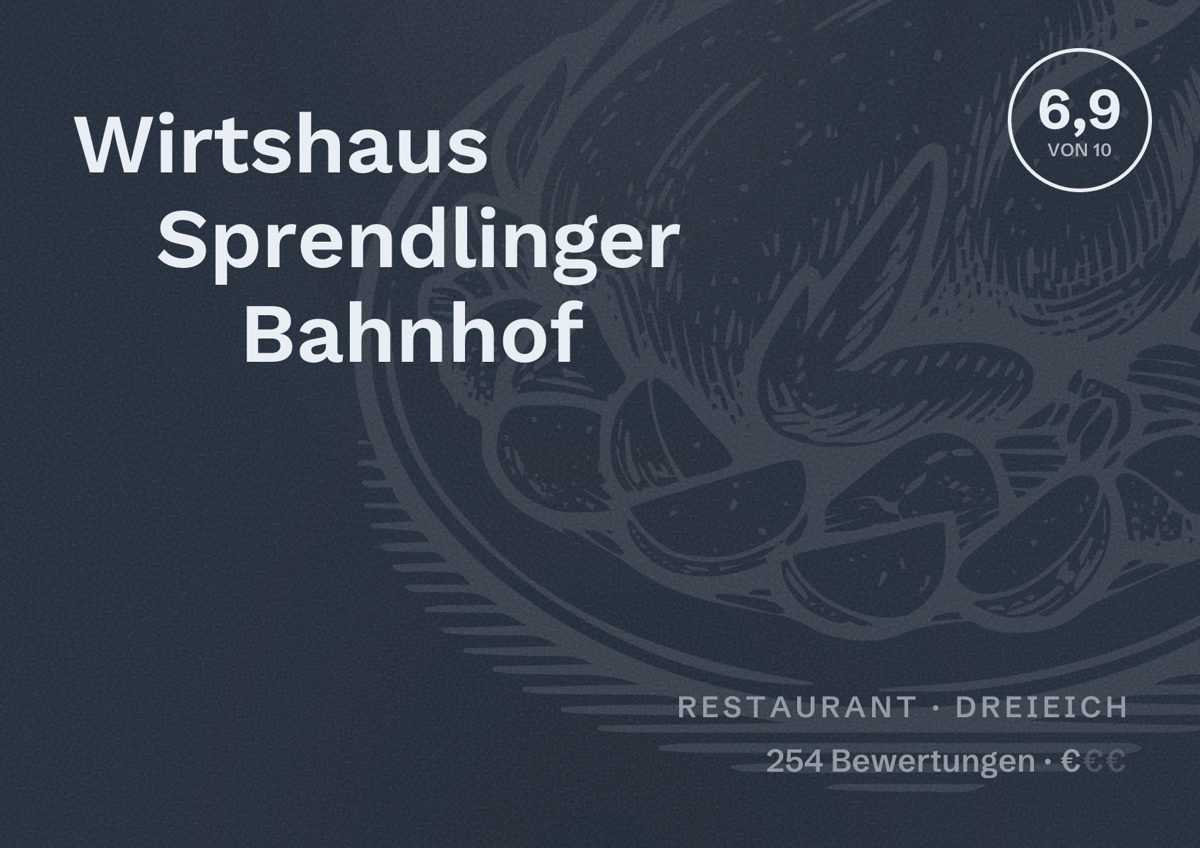 Illustriertes Poster von Wirtshaus Sprendlinger Bahnhof, Restaurant in Dreieich: Bewertung 6,9 von 10 aus 254 Bewertungen, Preisniveau €