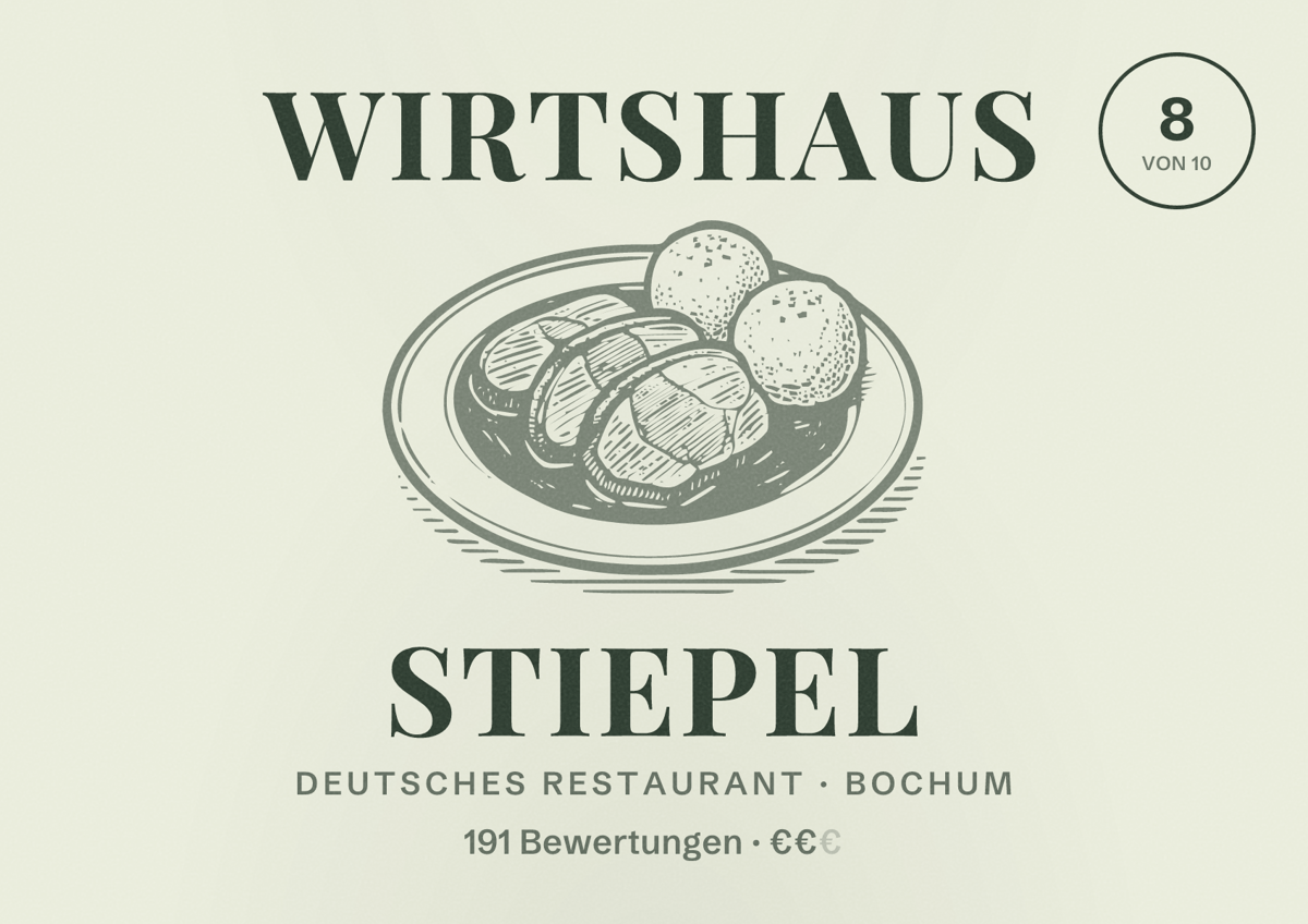 Illustriertes Poster von Wirtshaus Stiepel, Deutsches Restaurant in Bochum: Bewertung 8 von 10 aus 191 Bewertungen, Preisniveau €€